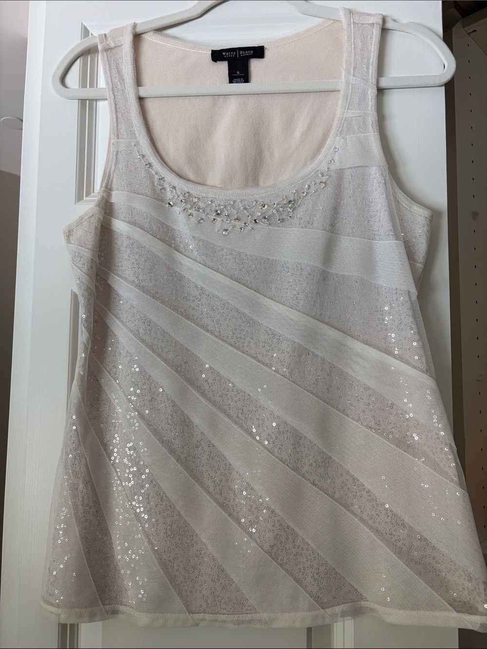 White House Black Market Cream Beaded Sequin Tank Top Small